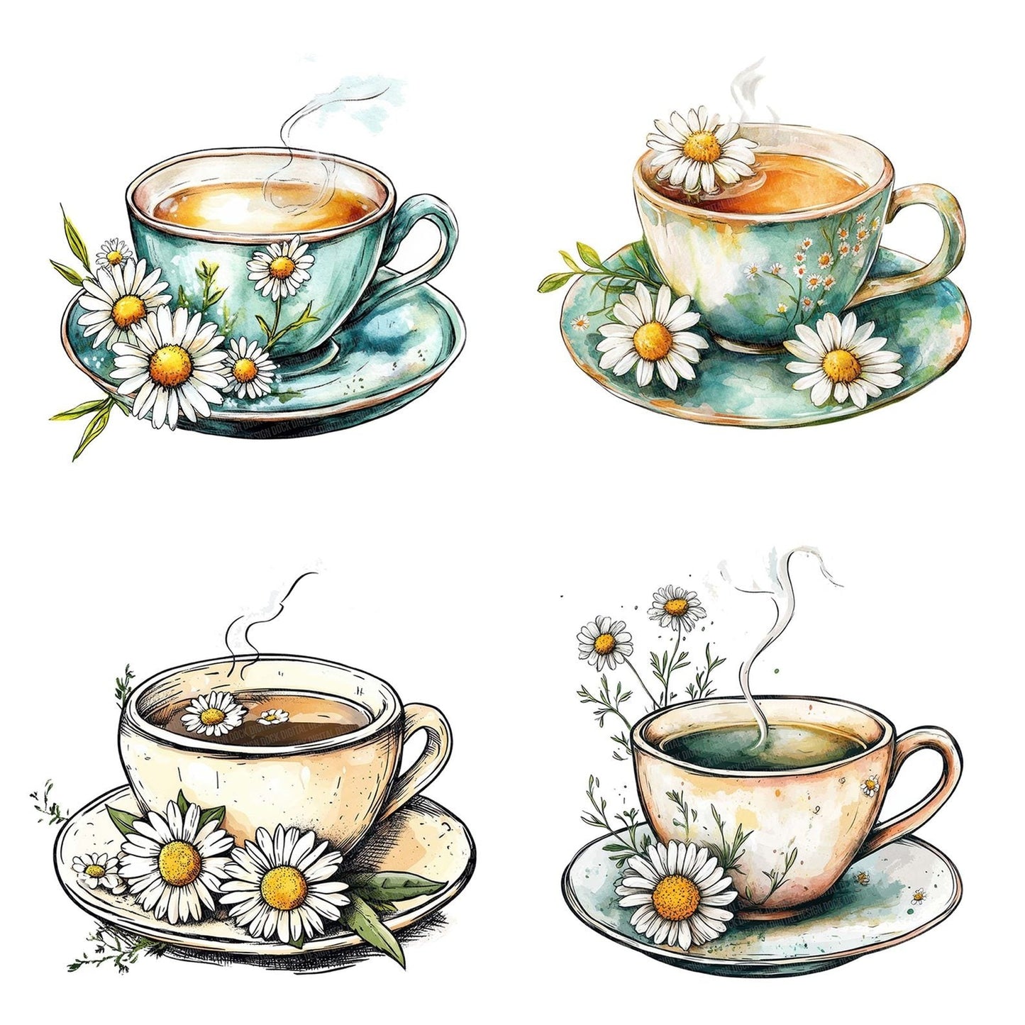 Teacup with Chamomile Flowers Clipart Set (DDD006730)