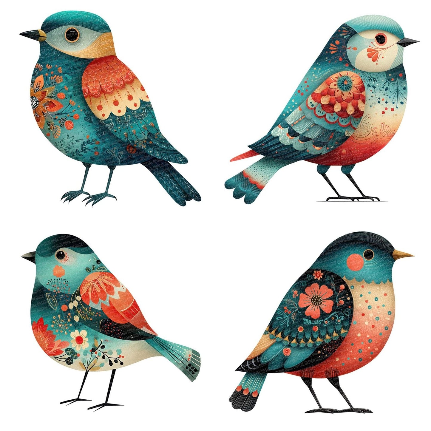 Teal Folk Art Bird Clipart Set (DDD006732)