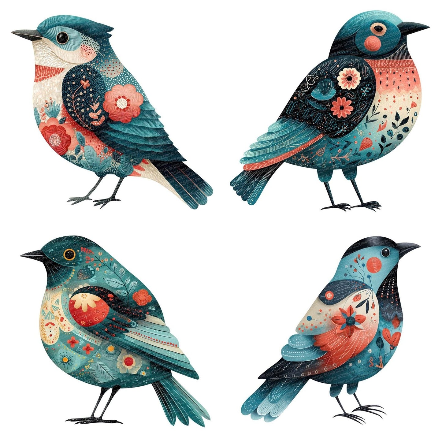 Teal Folk Art Bird Clipart Set (DDD006732)