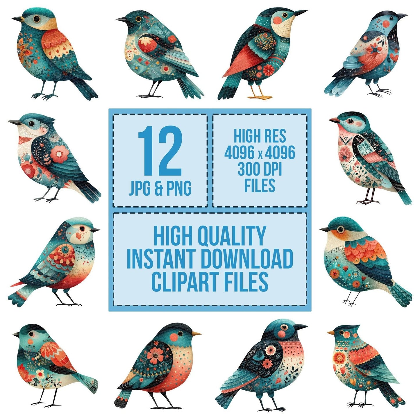 Teal Folk Art Bird Clipart Set (DDD006732)