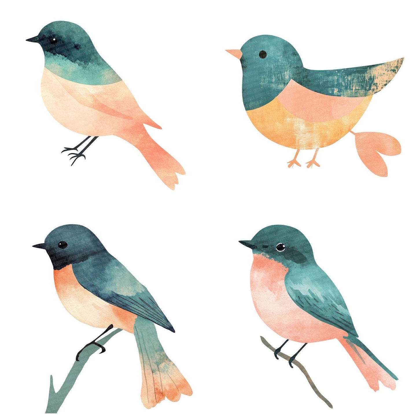 Teal Peach Bird Clipart Set (DDD006733)