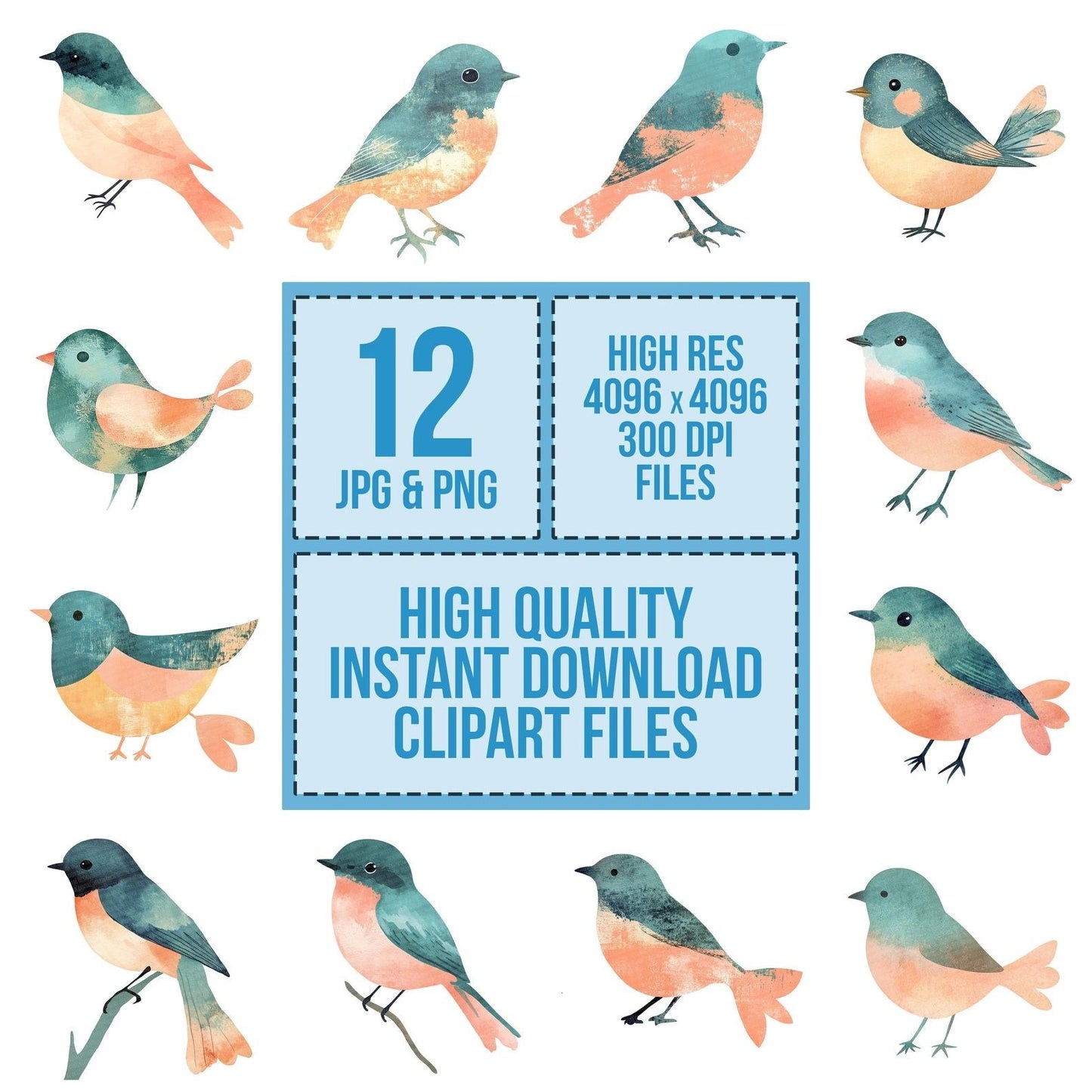 Teal Peach Bird Clipart Set (DDD006733)