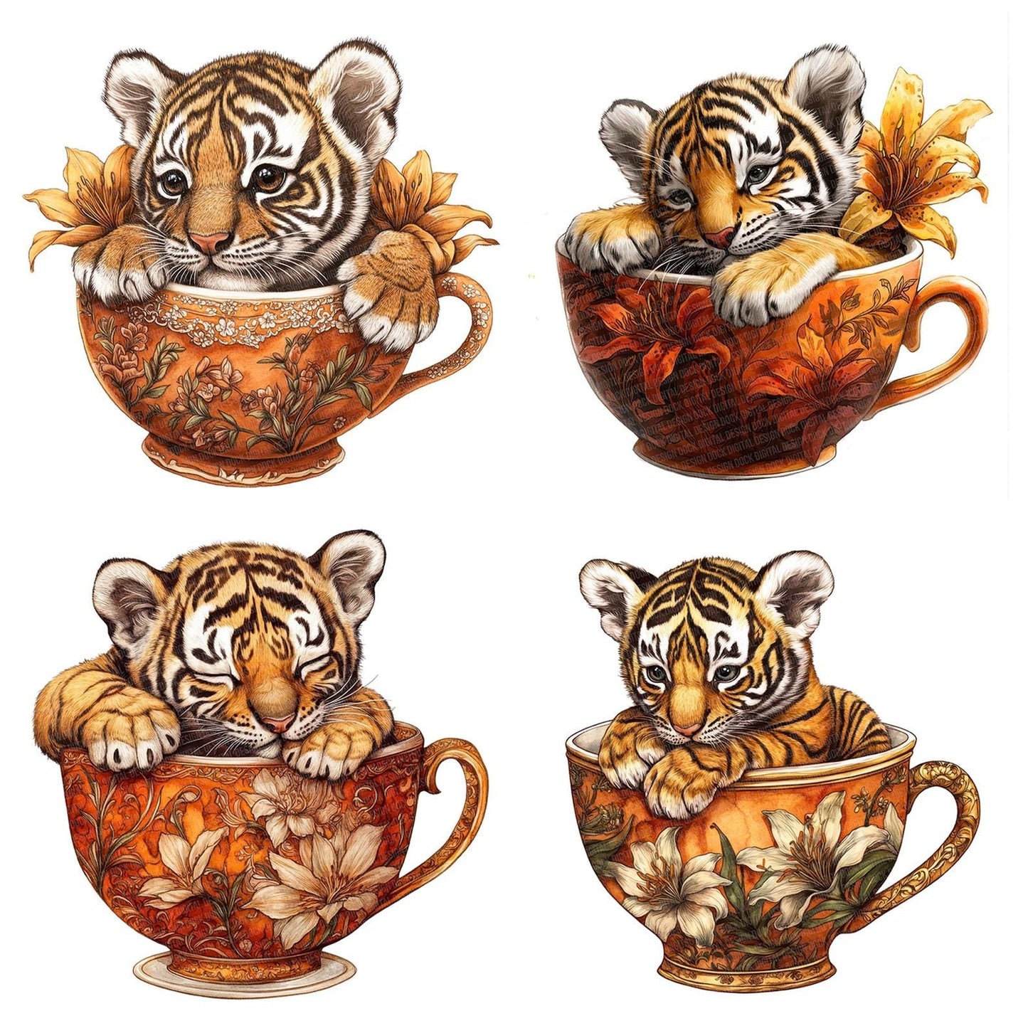 Tiger Cub in Lily Teacup Clipart Set (DDD006754)