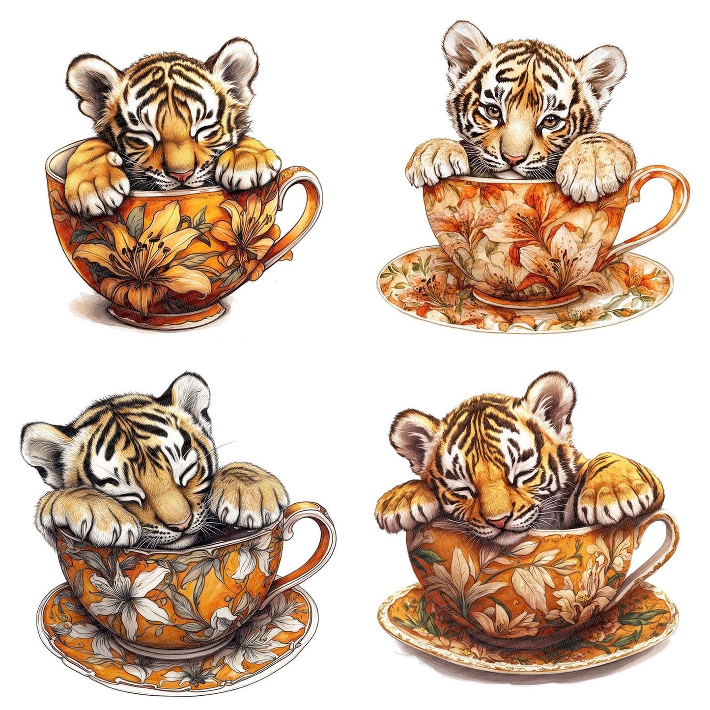 Tiger Cub in Lily Teacup Clipart Set (DDD006754)