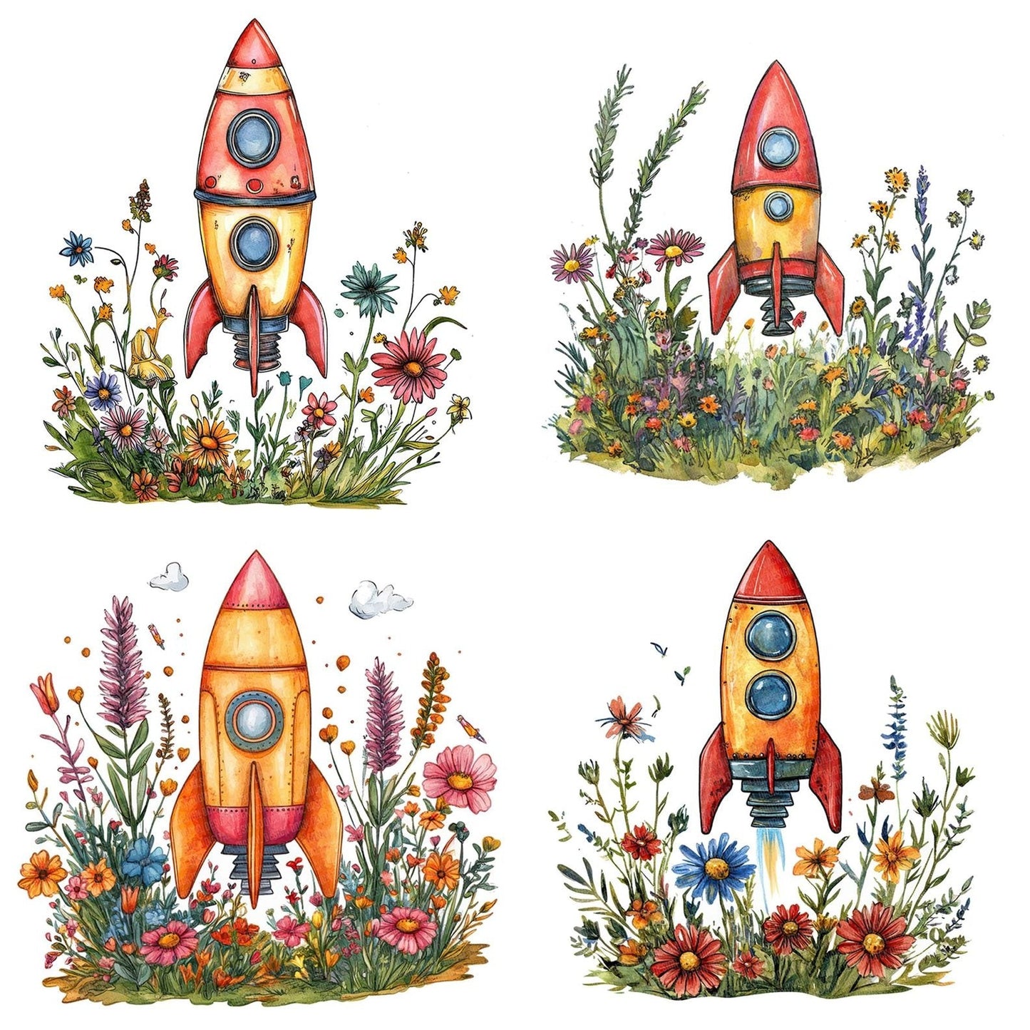 Toy Rocket in Wildflowers Clipart Set (DDD006765)