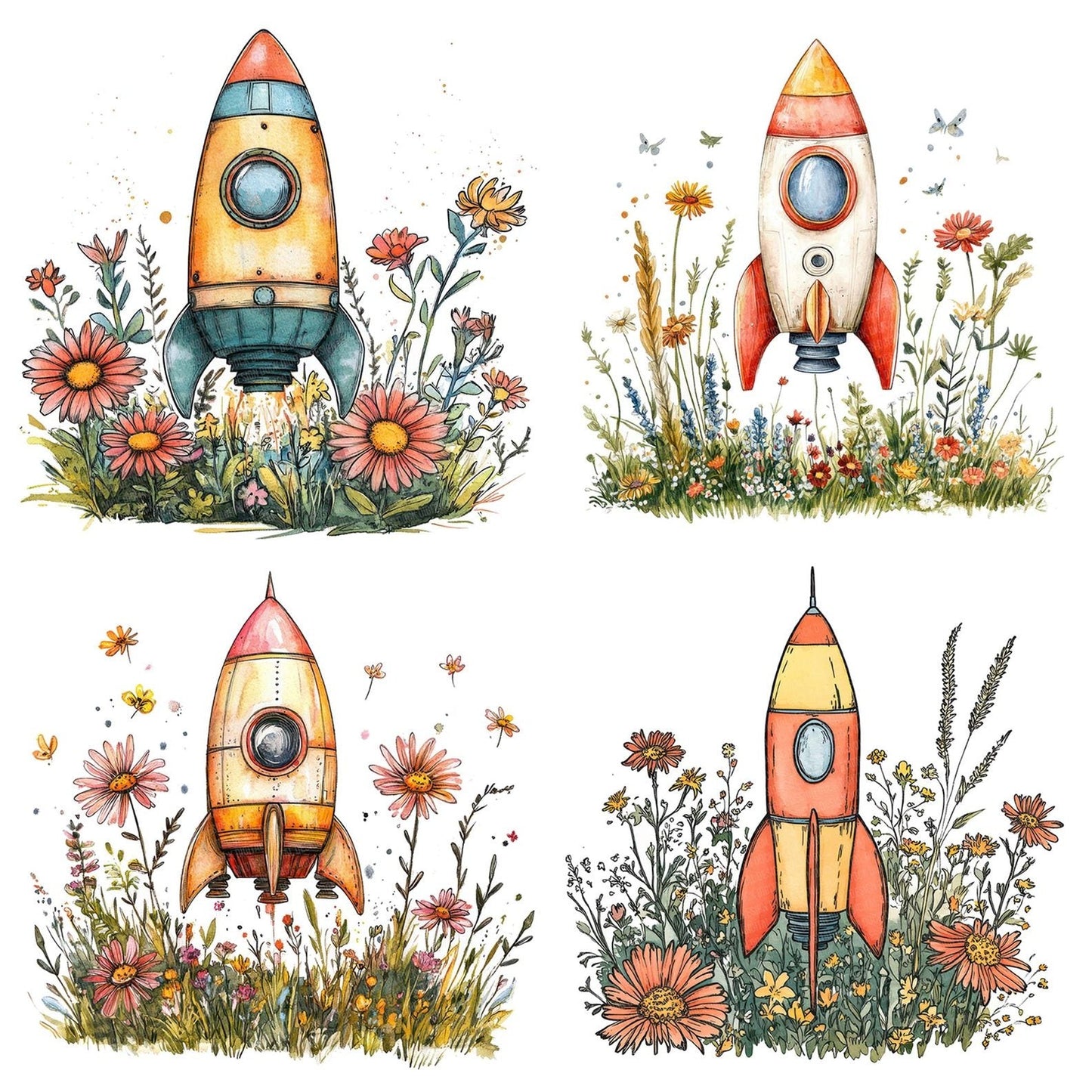 Toy Rocket in Wildflowers Clipart Set (DDD006765)