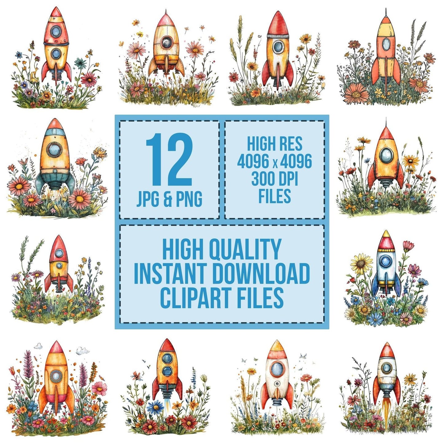 Toy Rocket in Wildflowers Clipart Set (DDD006765)
