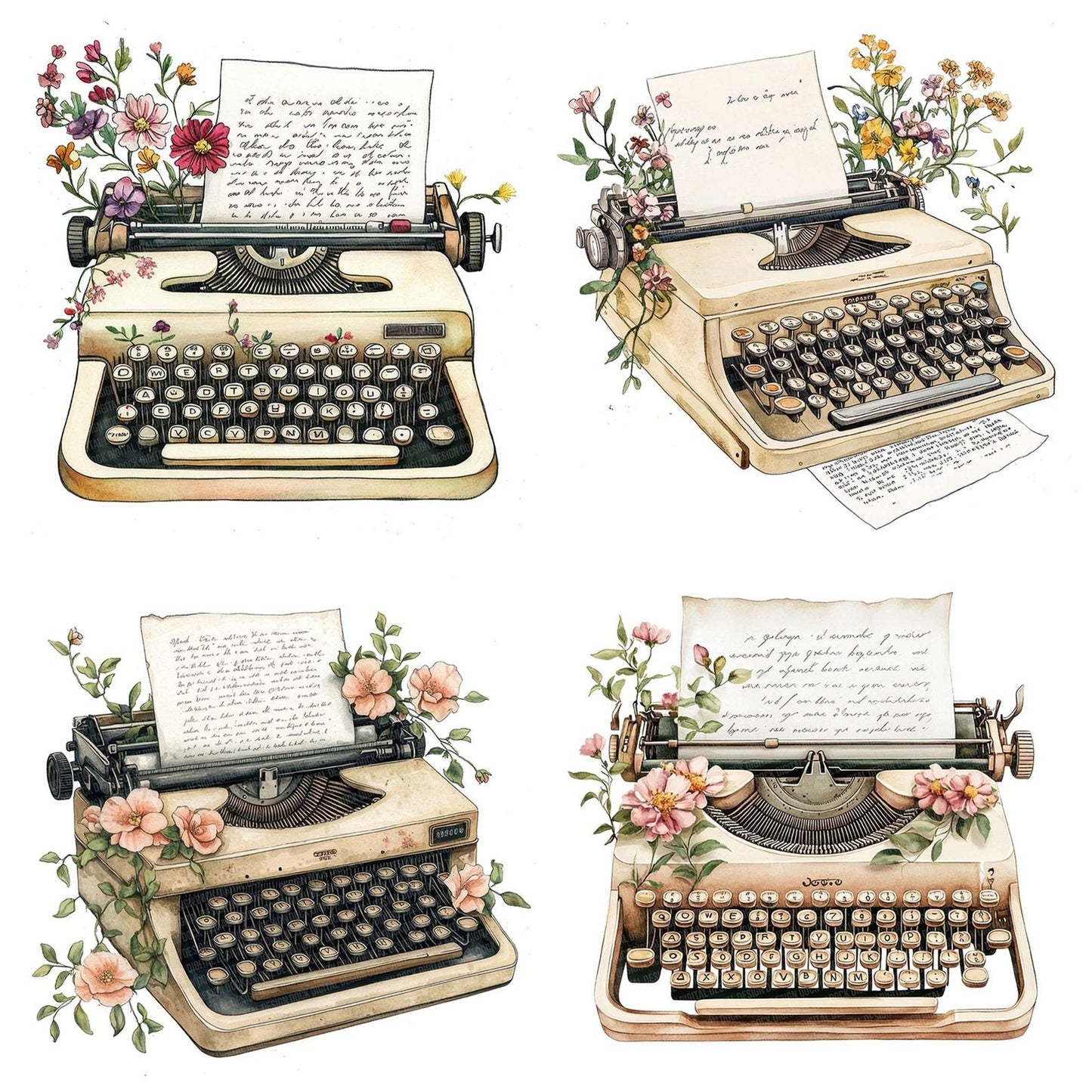Typewriter with Blooming Paper Clipart Set (DDD006797)