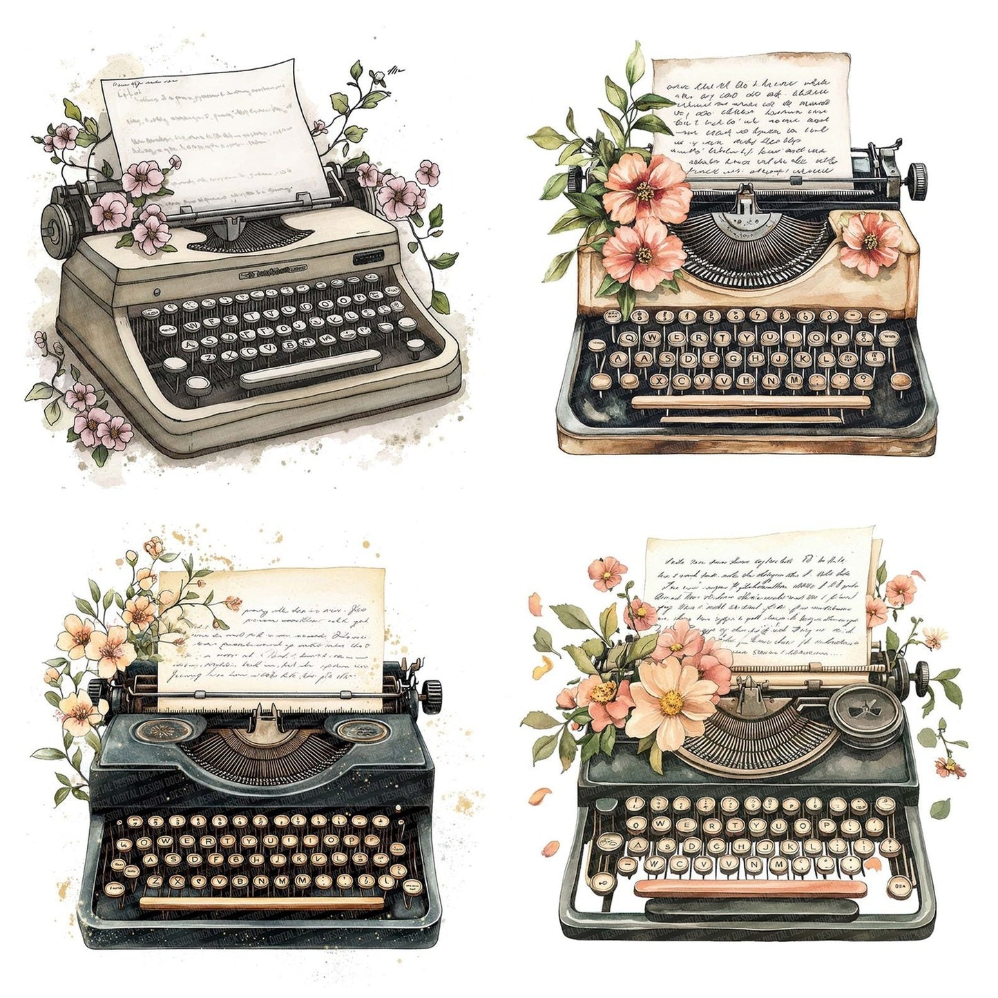 Typewriter with Blooming Paper Clipart Set (DDD006797)