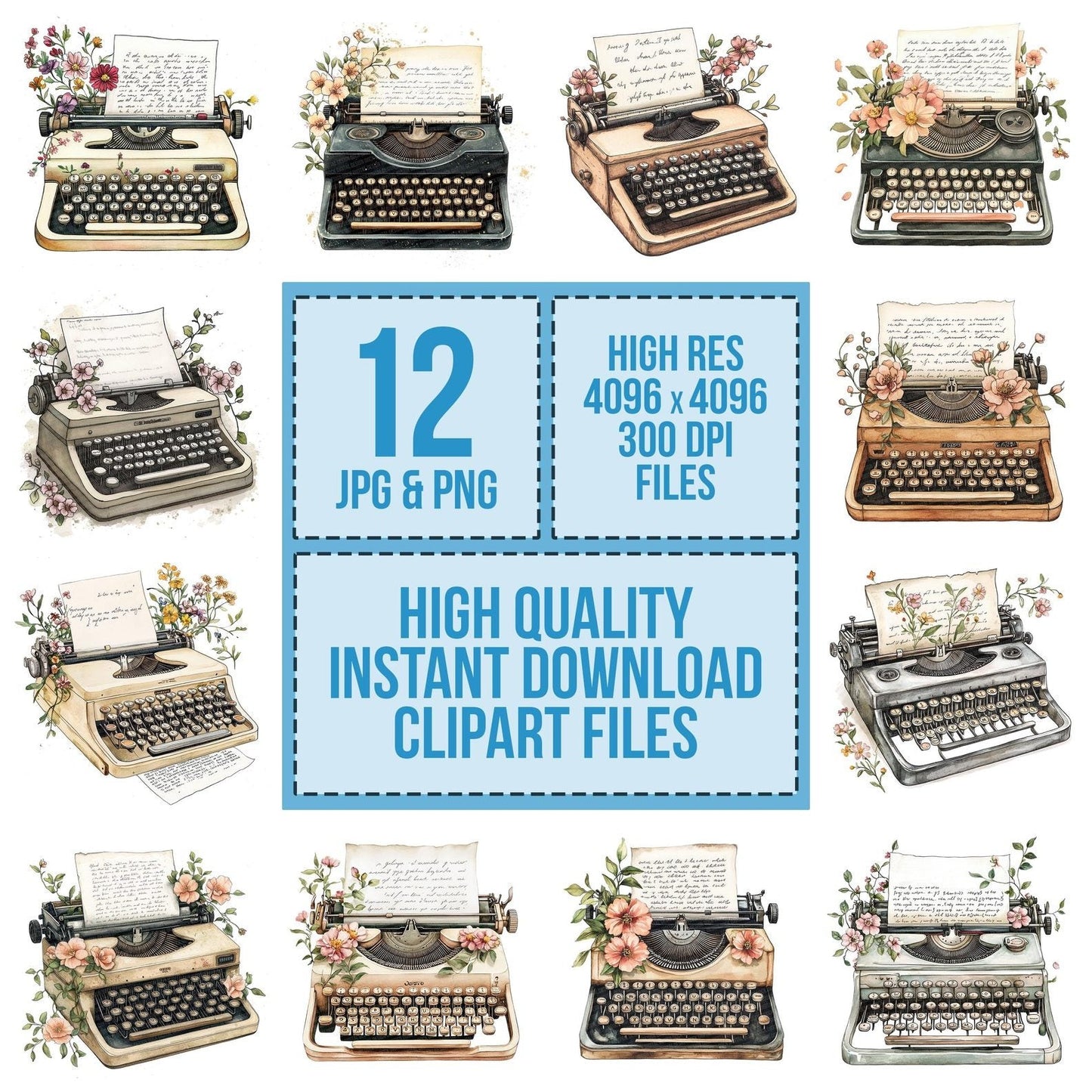 Typewriter with Blooming Paper Clipart Set (DDD006797)