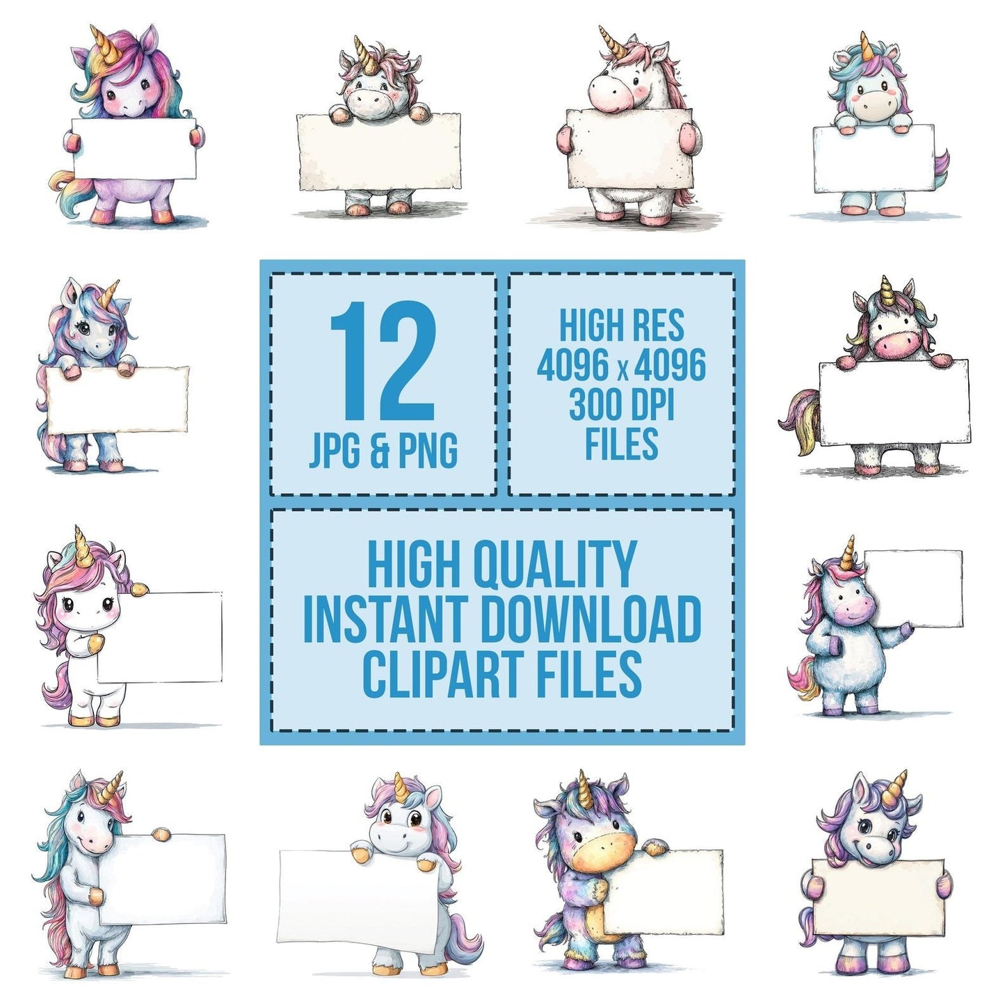 Unicorn Holding Blank Banner Clipart Set (DDD006804)