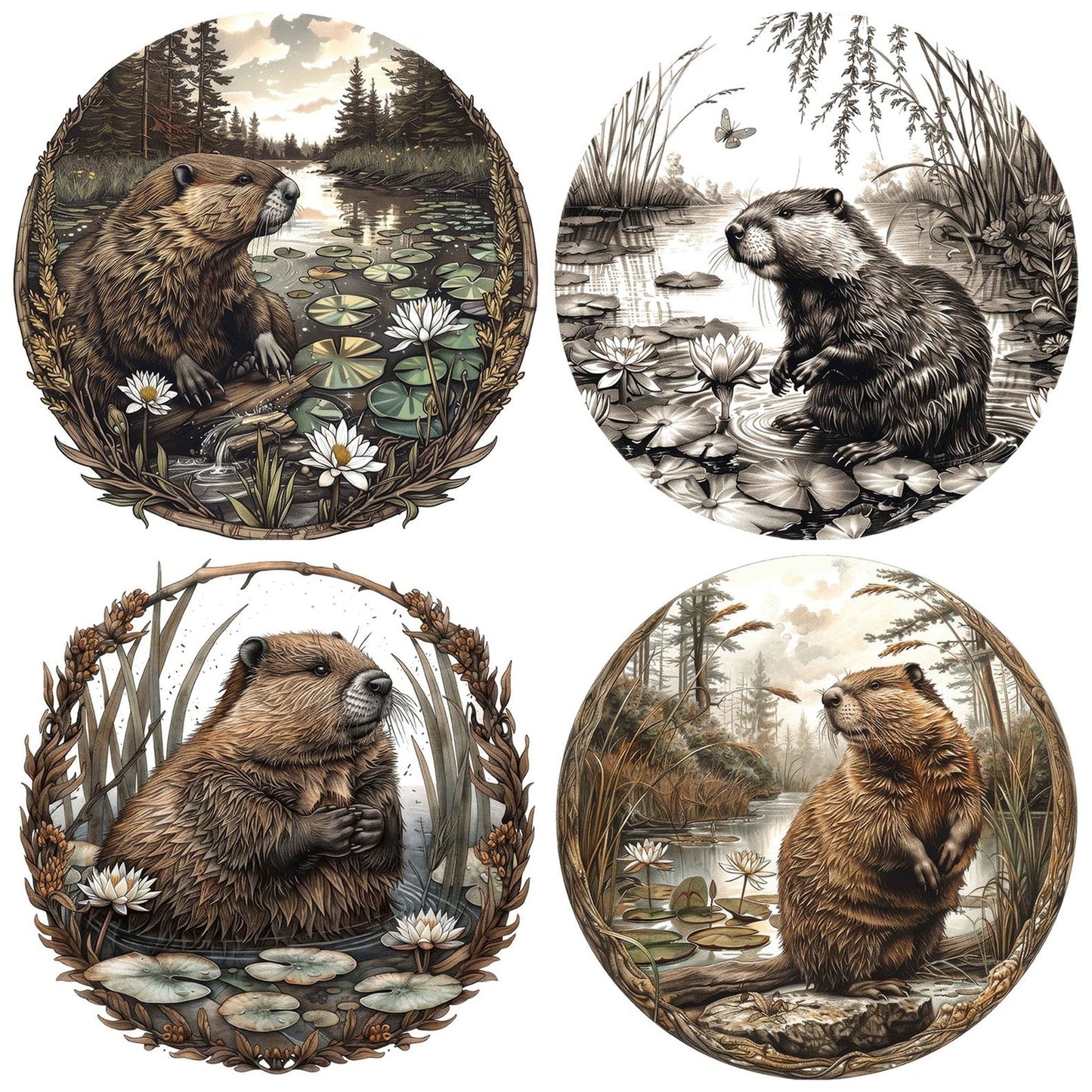 Vintage Beaver Stream Illustration Clipart Set (DDD006841)