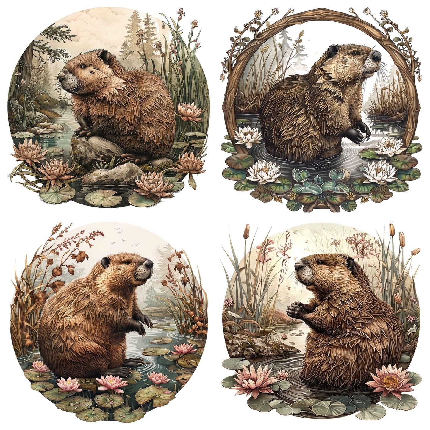 Vintage Beaver Stream Illustration Clipart Set (DDD006841)