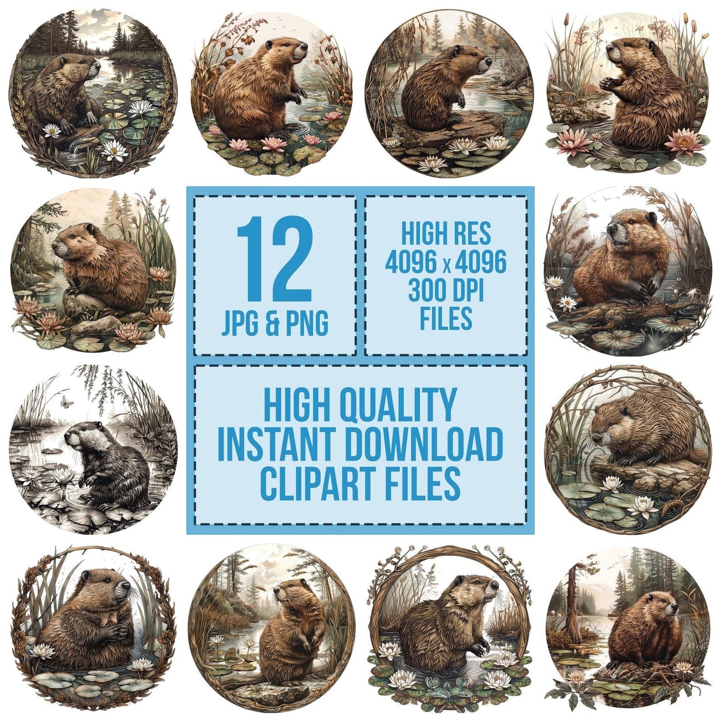 Vintage Beaver Stream Illustration Clipart Set (DDD006841)
