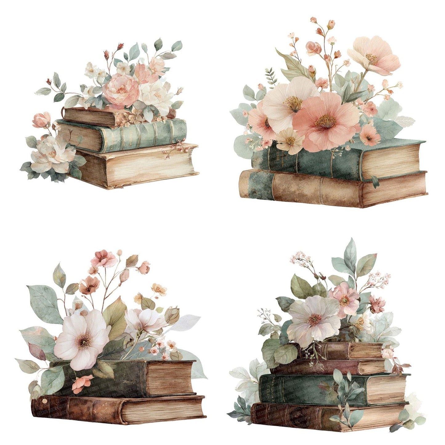 Vintage Books with Watercolour Flowers Clipart Set (DDD006846)