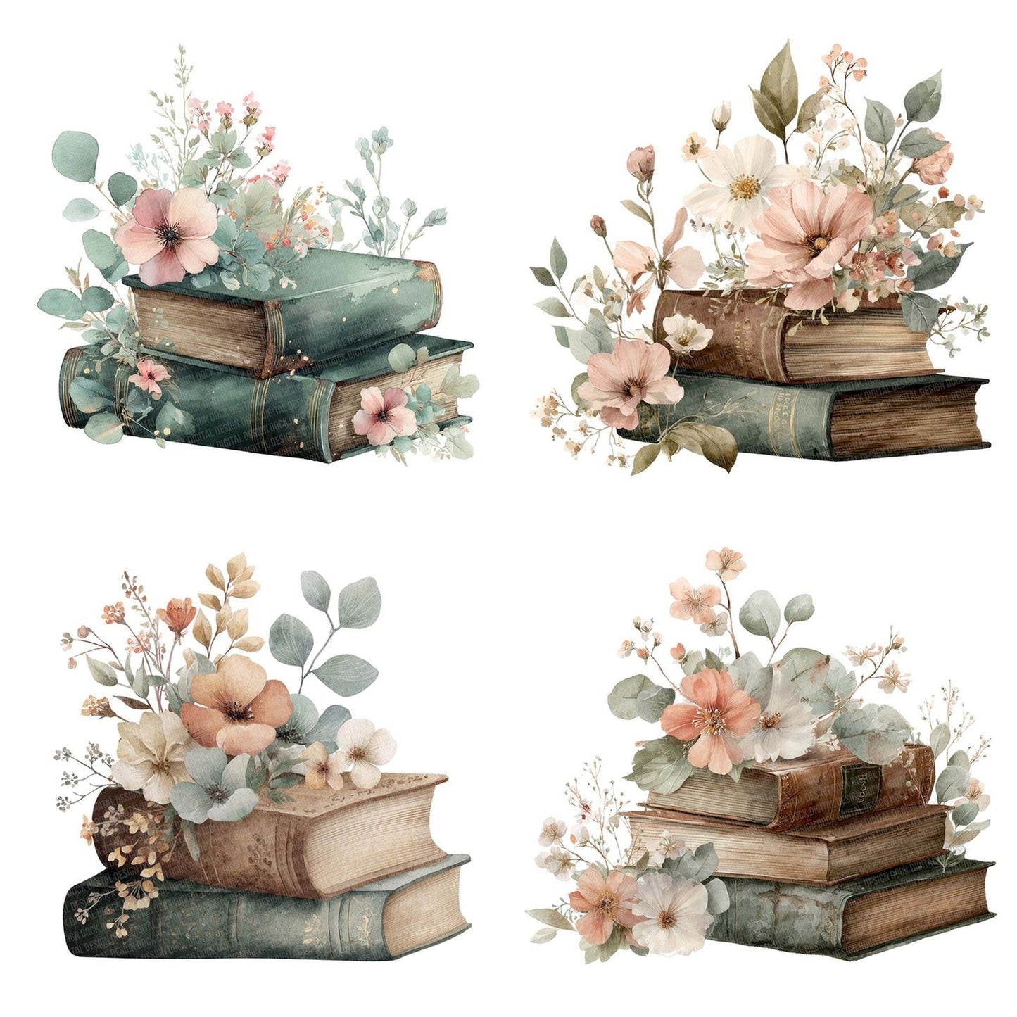 Vintage Books with Watercolour Flowers Clipart Set (DDD006846)