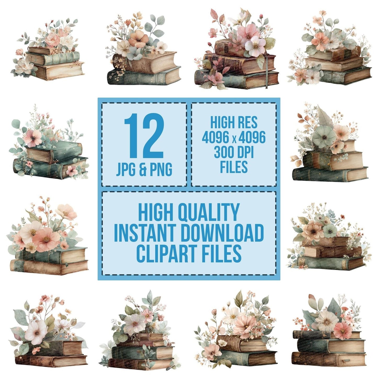 Vintage Books with Watercolour Flowers Clipart Set (DDD006846)