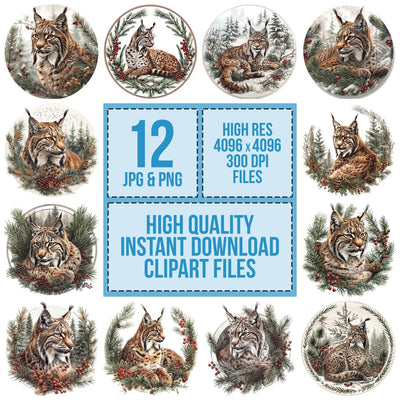 Vintage Boreal Forest Lynx Illustration Clipart Set (DDD006847)
