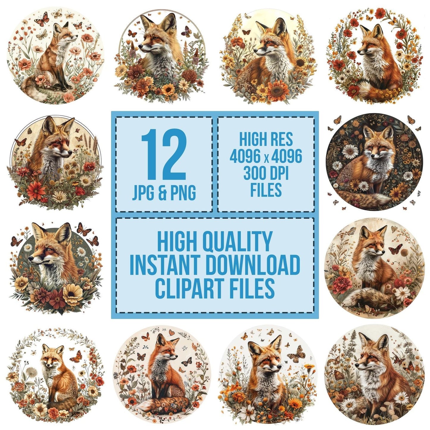 Vintage Floral Fox Illustration Clipart Set (DDD006861)