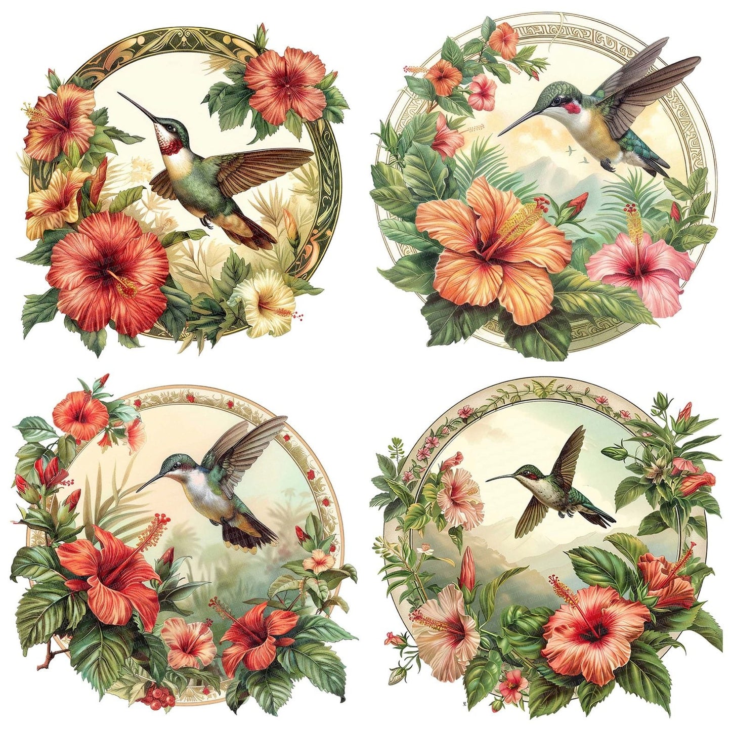 Vintage Floral Hummingbird Illustration Clipart Set (DDD006864)