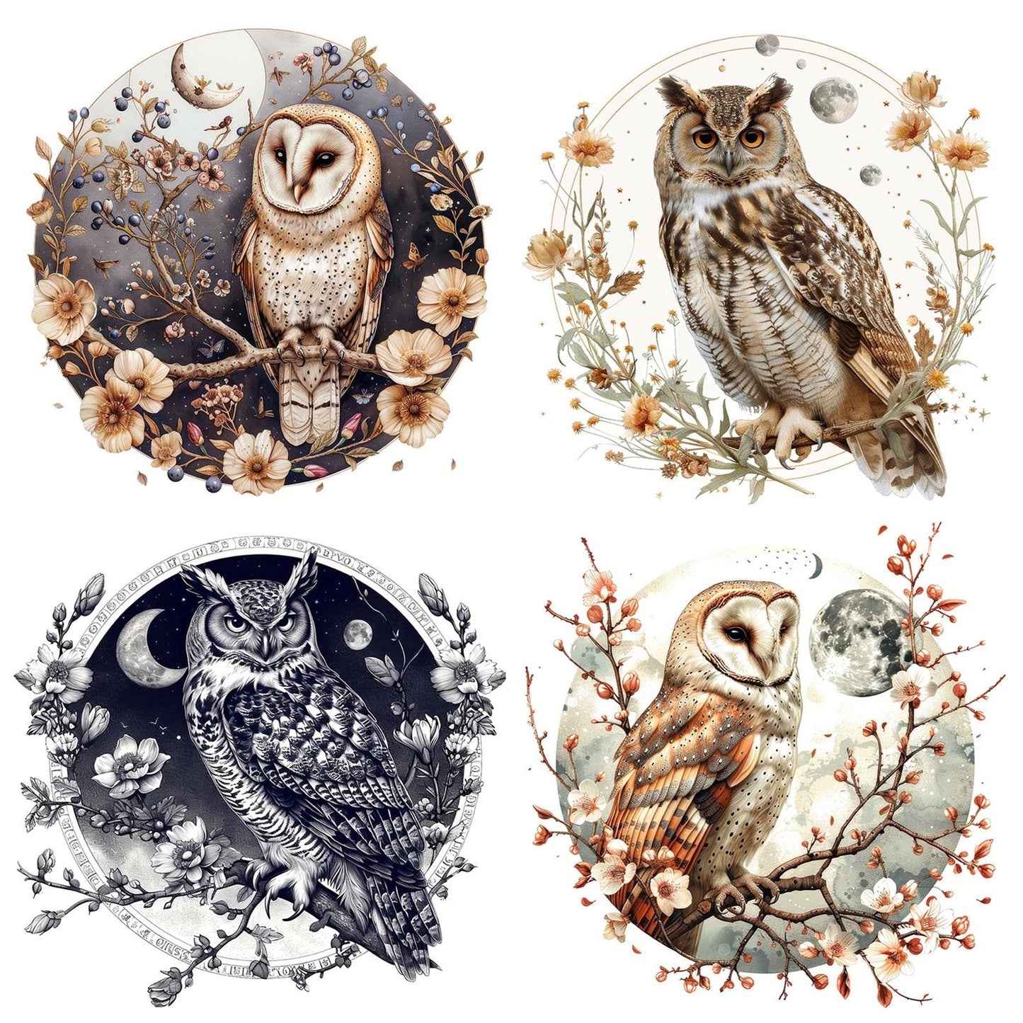 Vintage Floral Owl Illustration Clipart Set (DDD006866)