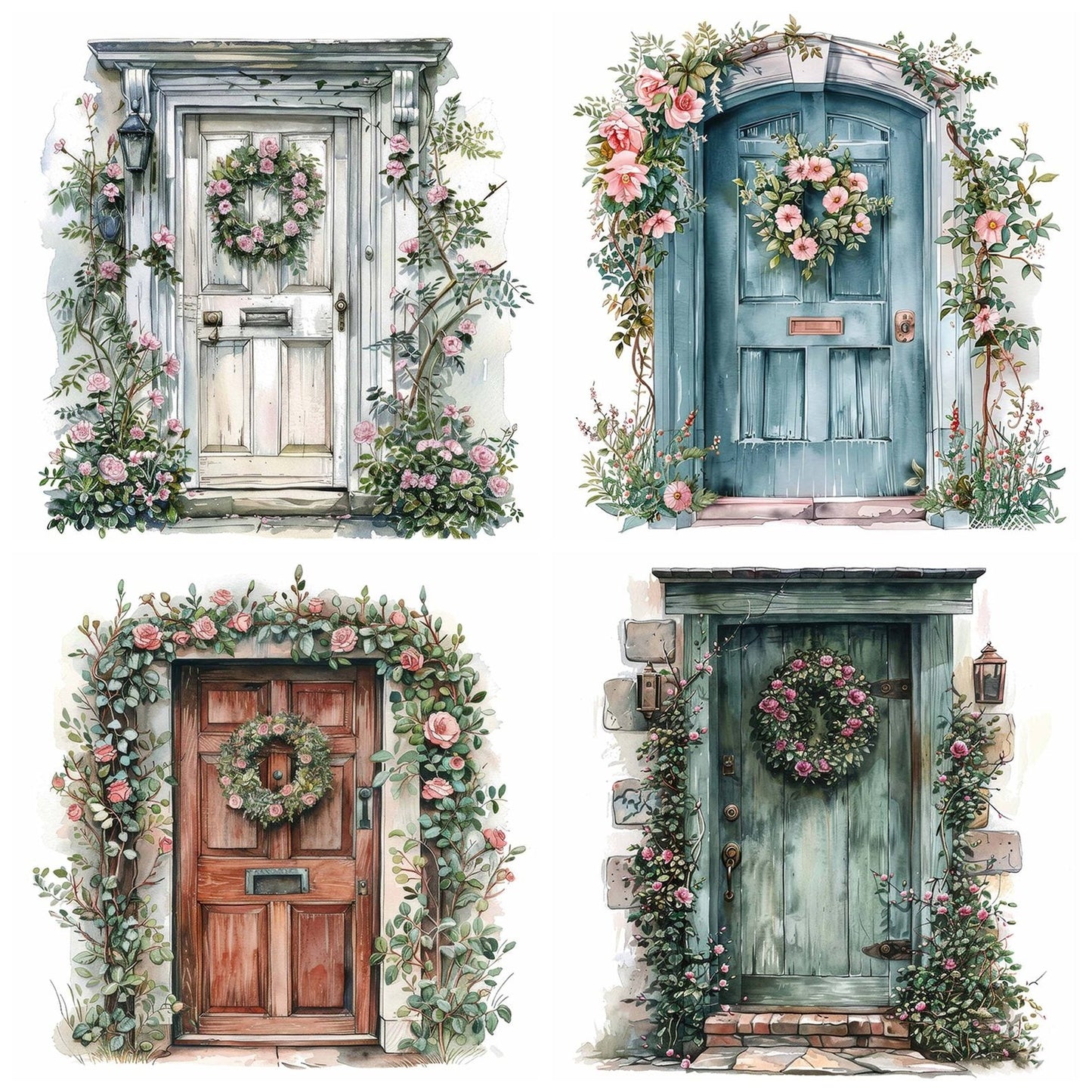 Vintage Front Door with Floral Wreath Clipart Set (DDD006870)