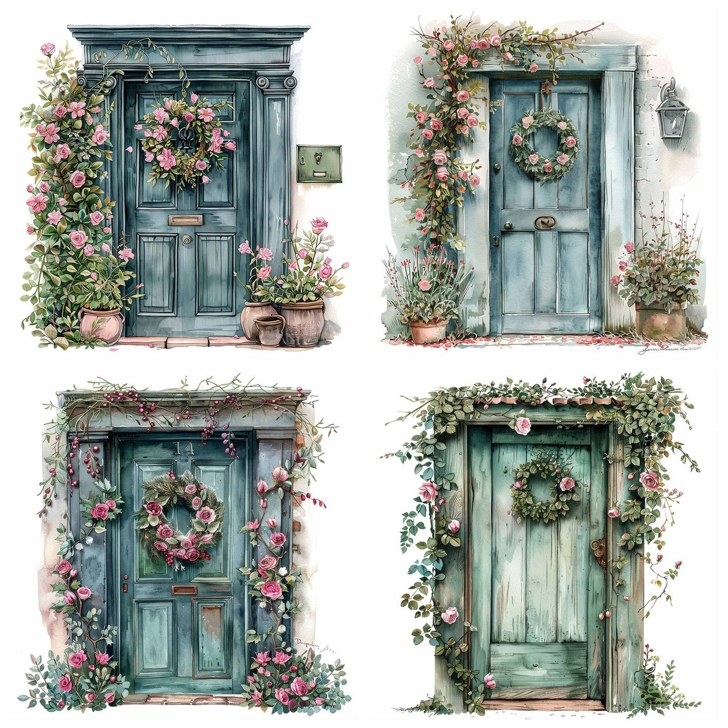 Vintage Front Door with Floral Wreath Clipart Set (DDD006870)