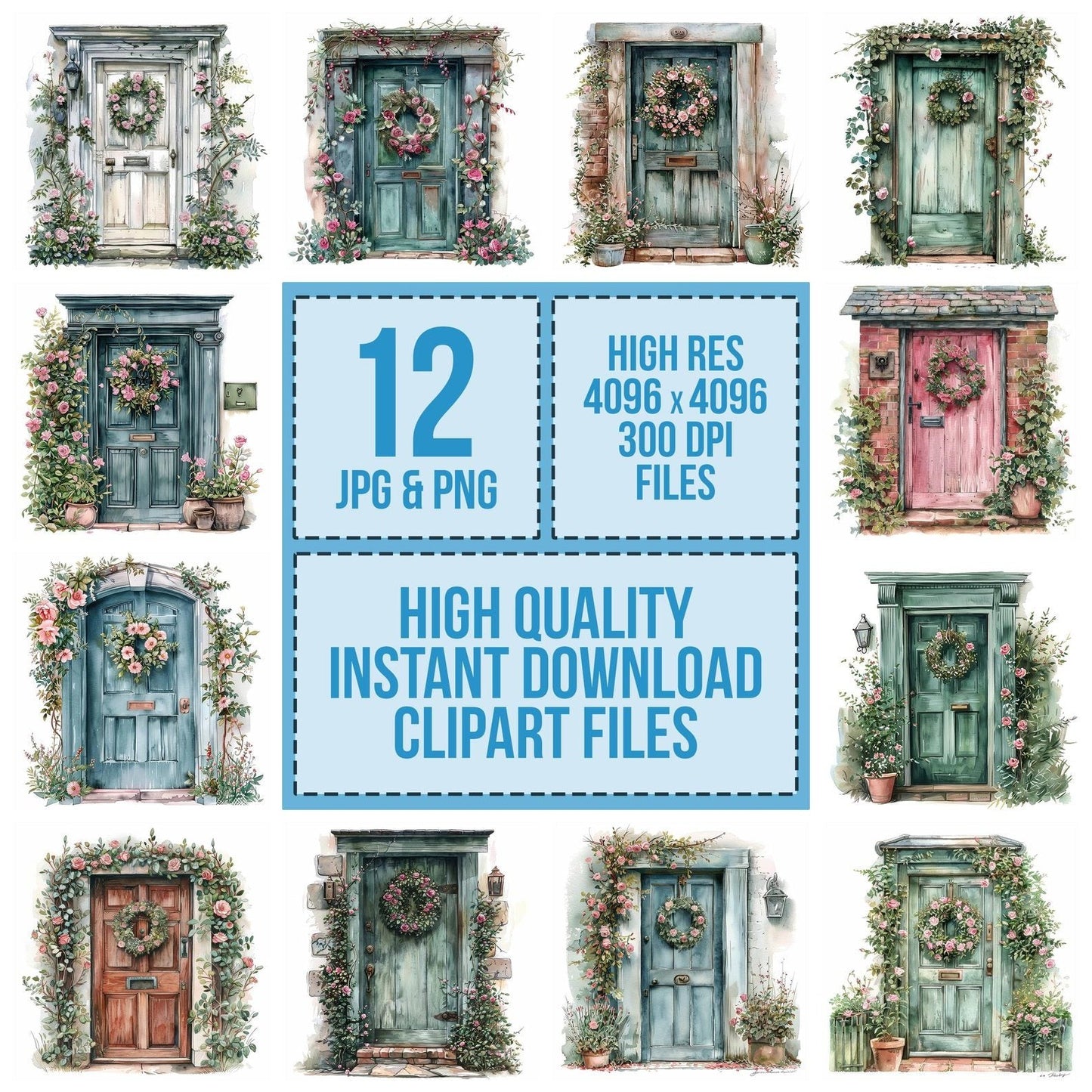 Vintage Front Door with Floral Wreath Clipart Set (DDD006870)