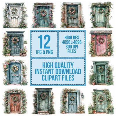 Vintage Front Door with Floral Wreath clipart set cover showing the designs and file details