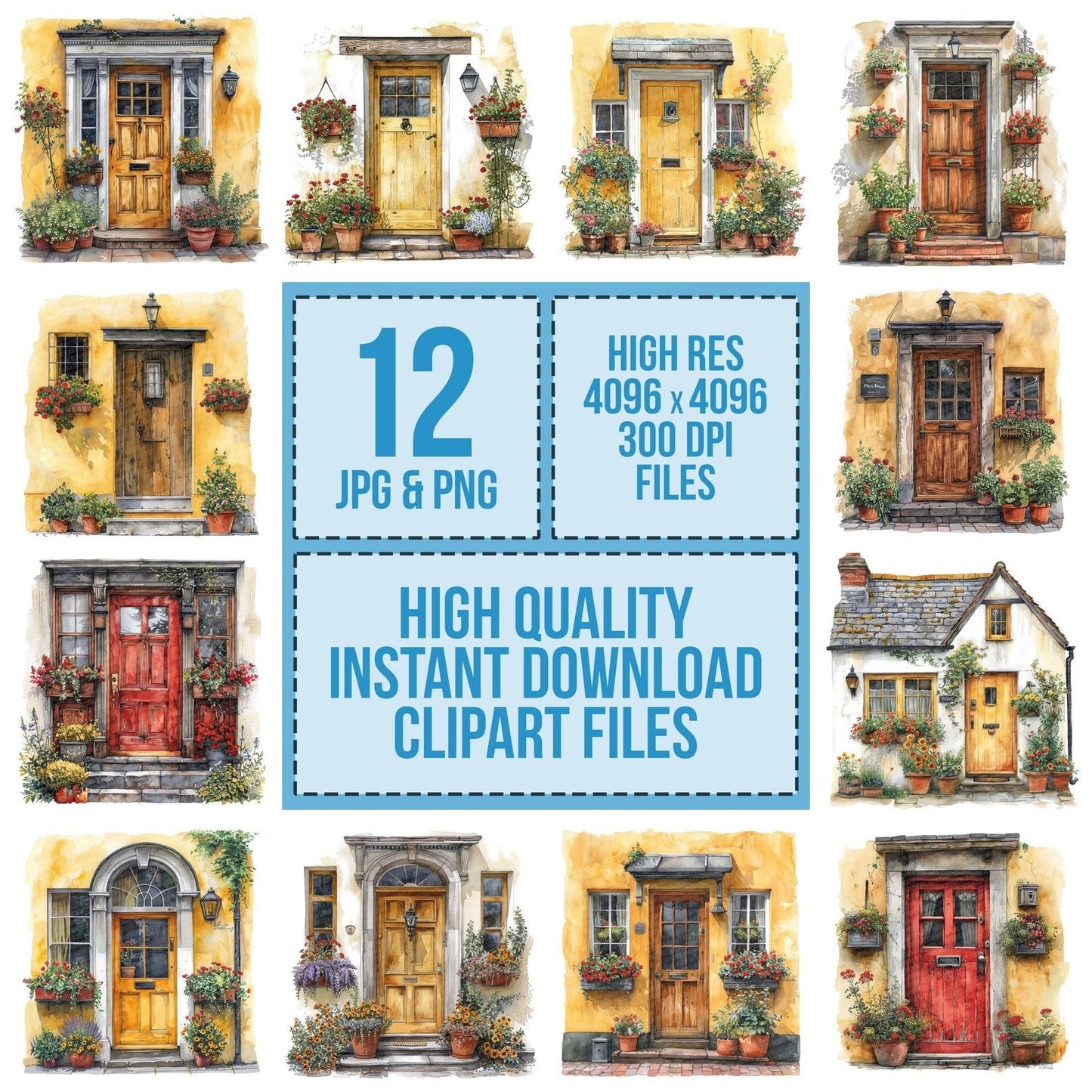 Vintage Front Door with Flower Pots Clipart Set (DDD006871)