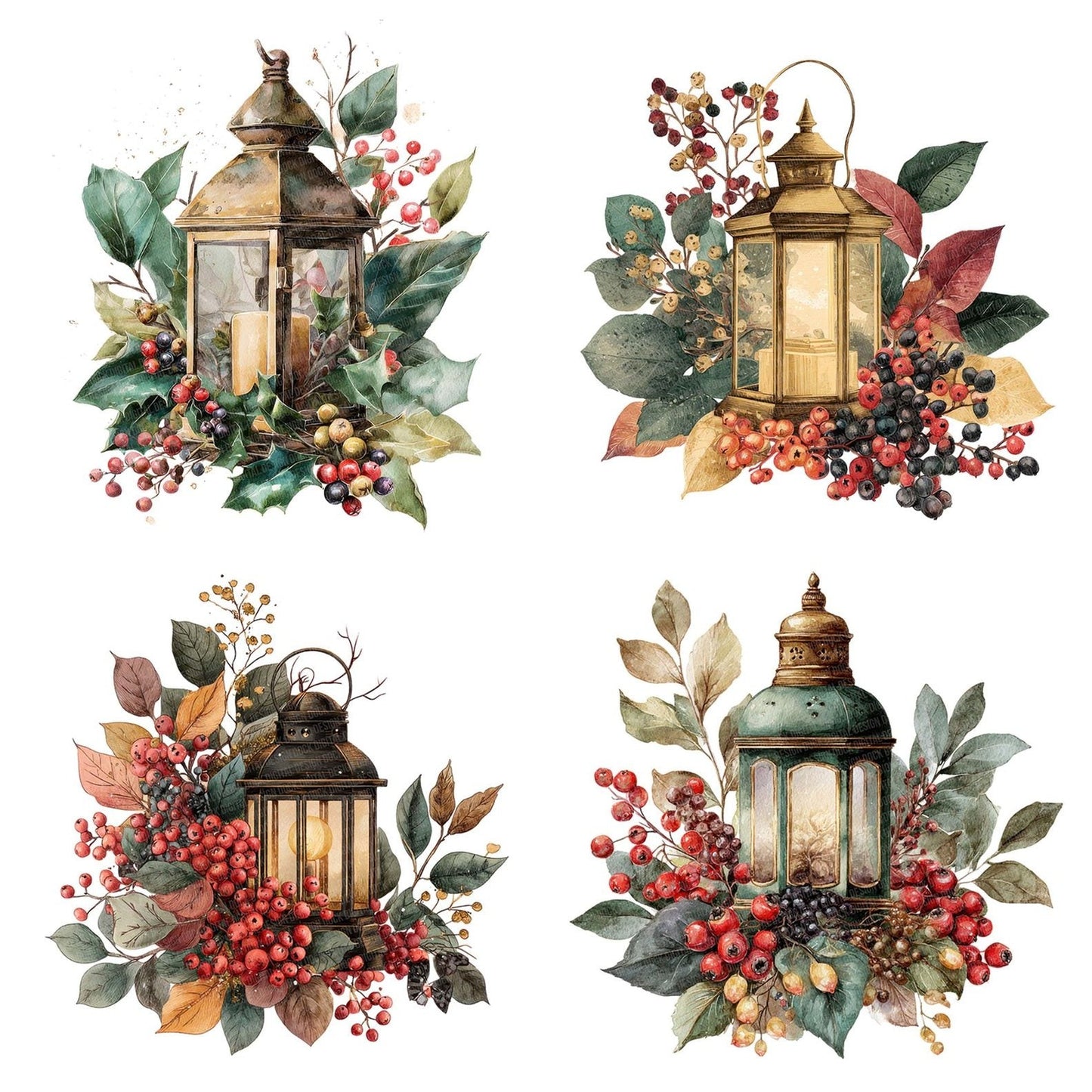 Vintage Lantern with Winter Foliage Clipart Set (DDD006885)