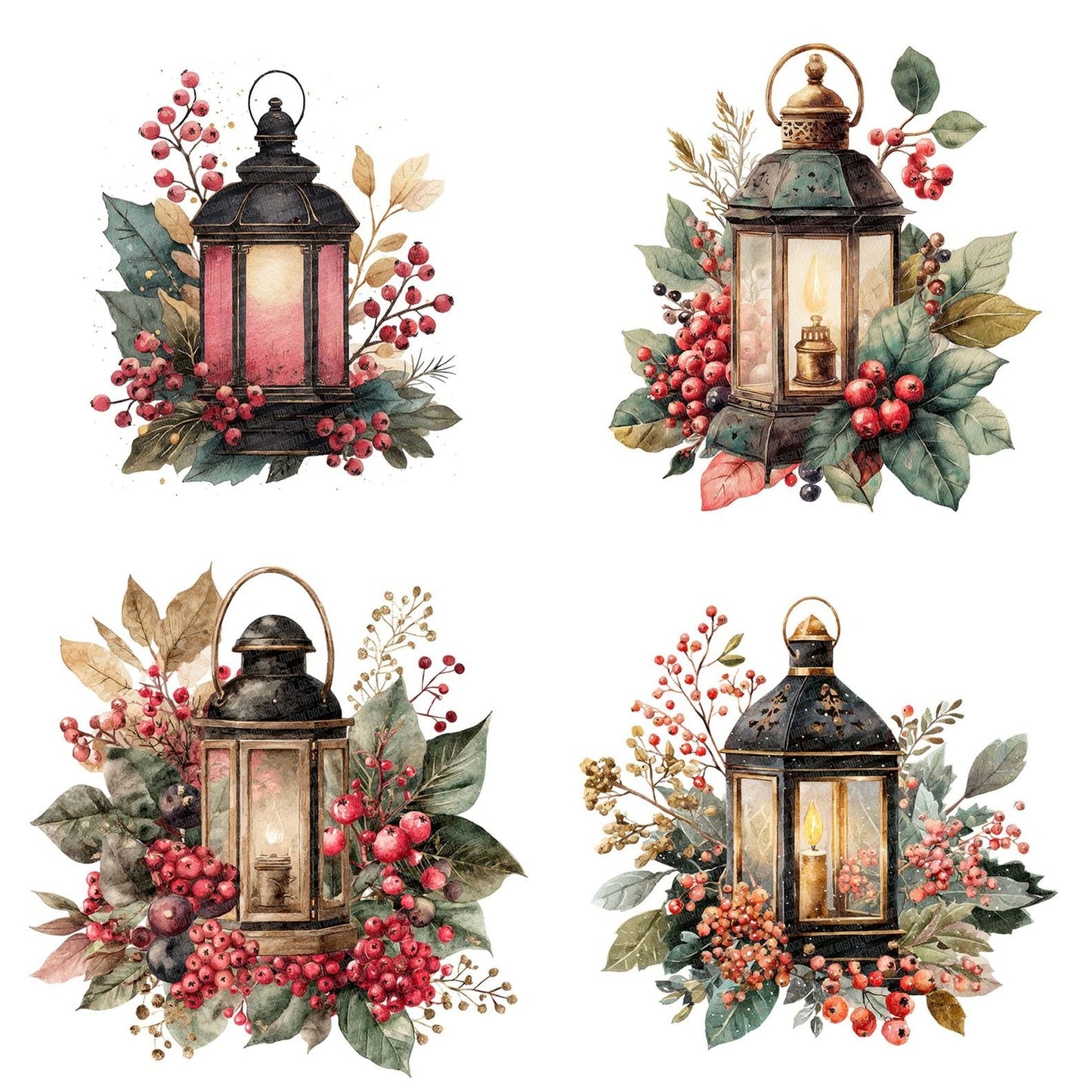 Vintage Lantern with Winter Foliage Clipart Set (DDD006885)