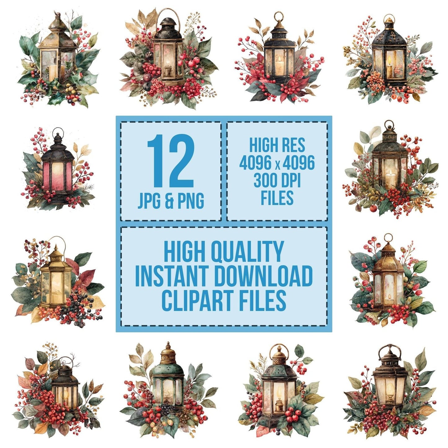 Vintage Lantern with Winter Foliage Clipart Set (DDD006885)