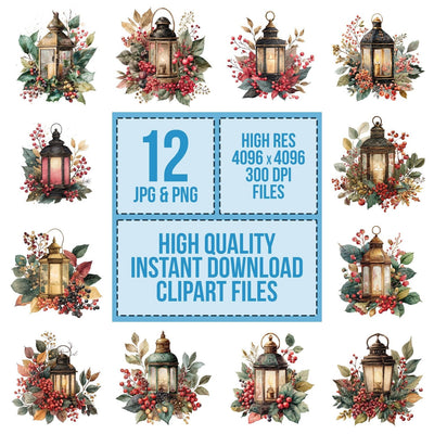 Vintage Lantern with Winter Foliage Clipart Set (DDD006885)