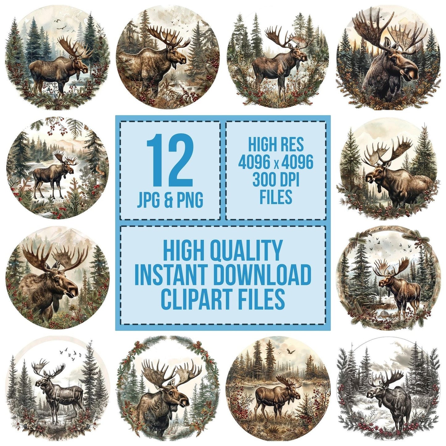 Vintage Moose Illustration Clipart Set (DDD006890)