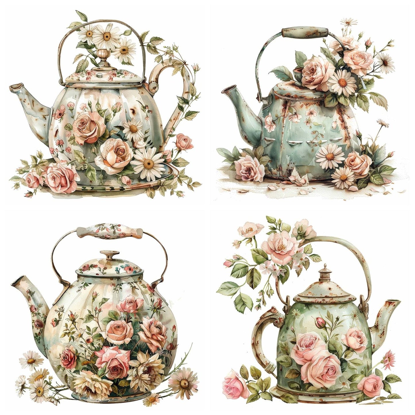 Vintage Rustic Floral Teapot Clipart Set (DDD006913)