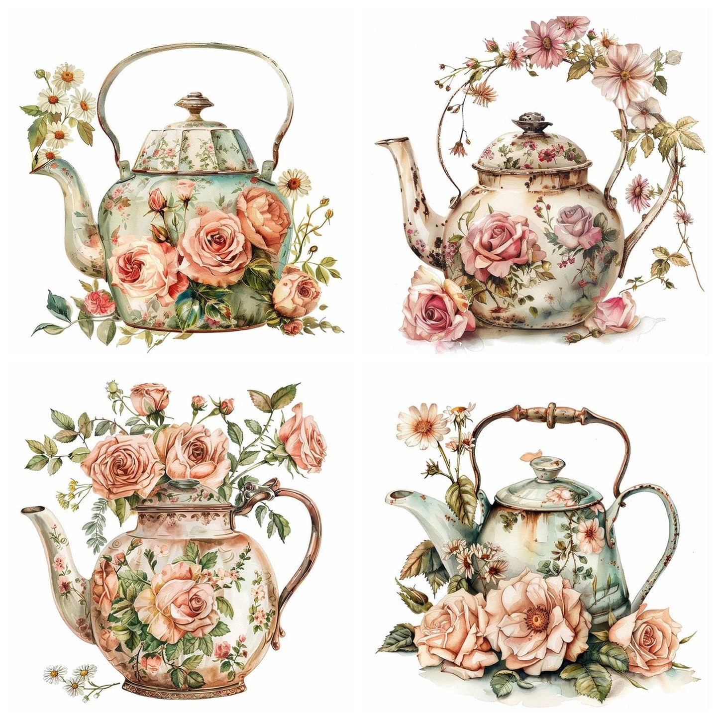 Vintage Rustic Floral Teapot Clipart Set (DDD006913)