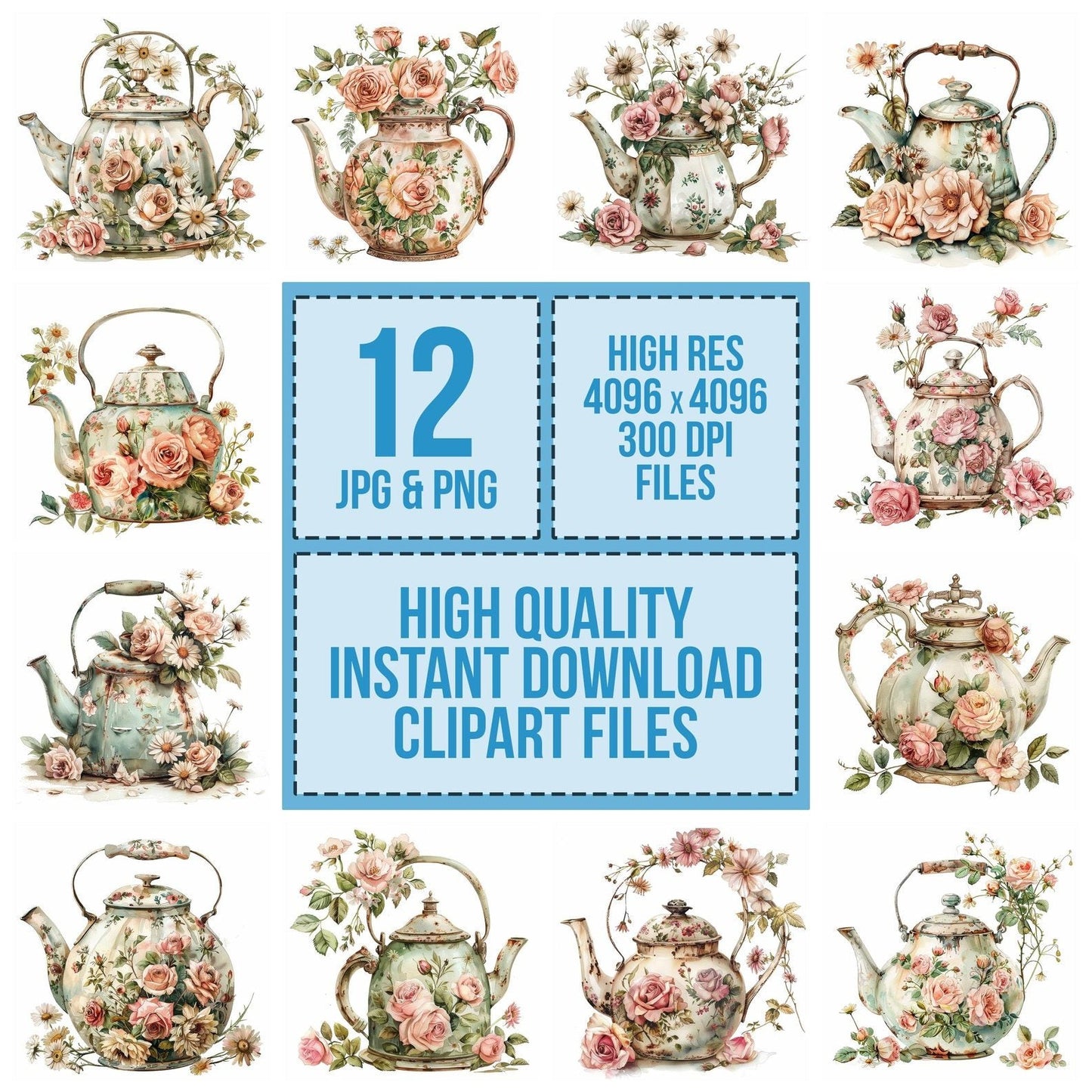 Vintage Rustic Floral Teapot Clipart Set (DDD006913)