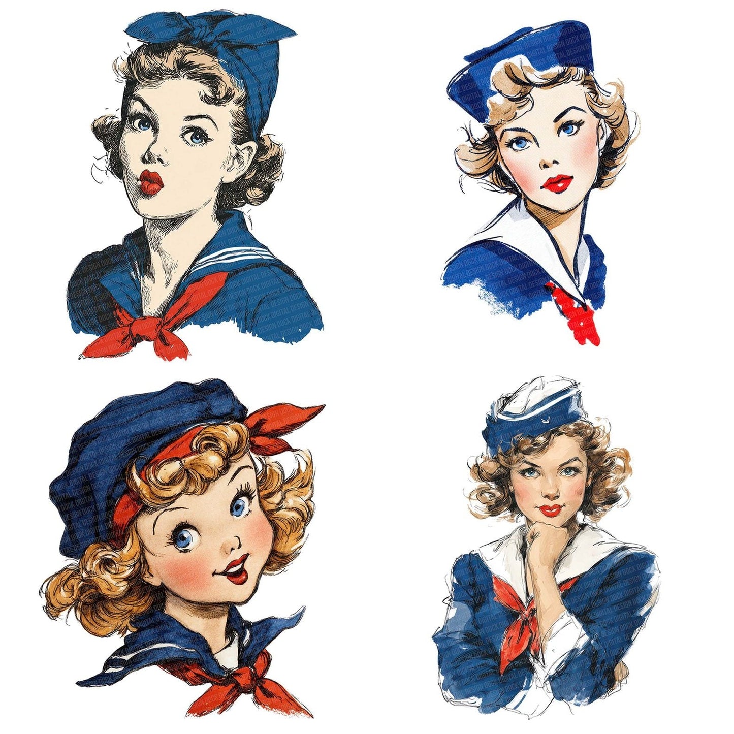 Vintage Sailor Girl Portrait Clipart Set (DDD006915)