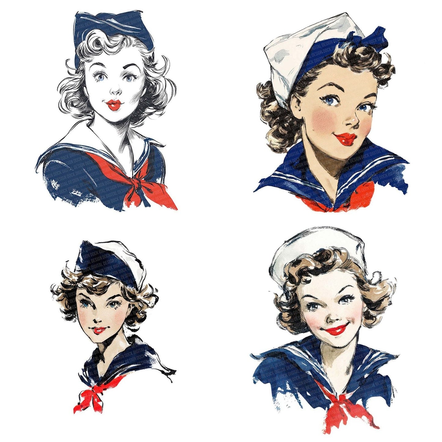 Vintage Sailor Girl Portrait Clipart Set (DDD006915)
