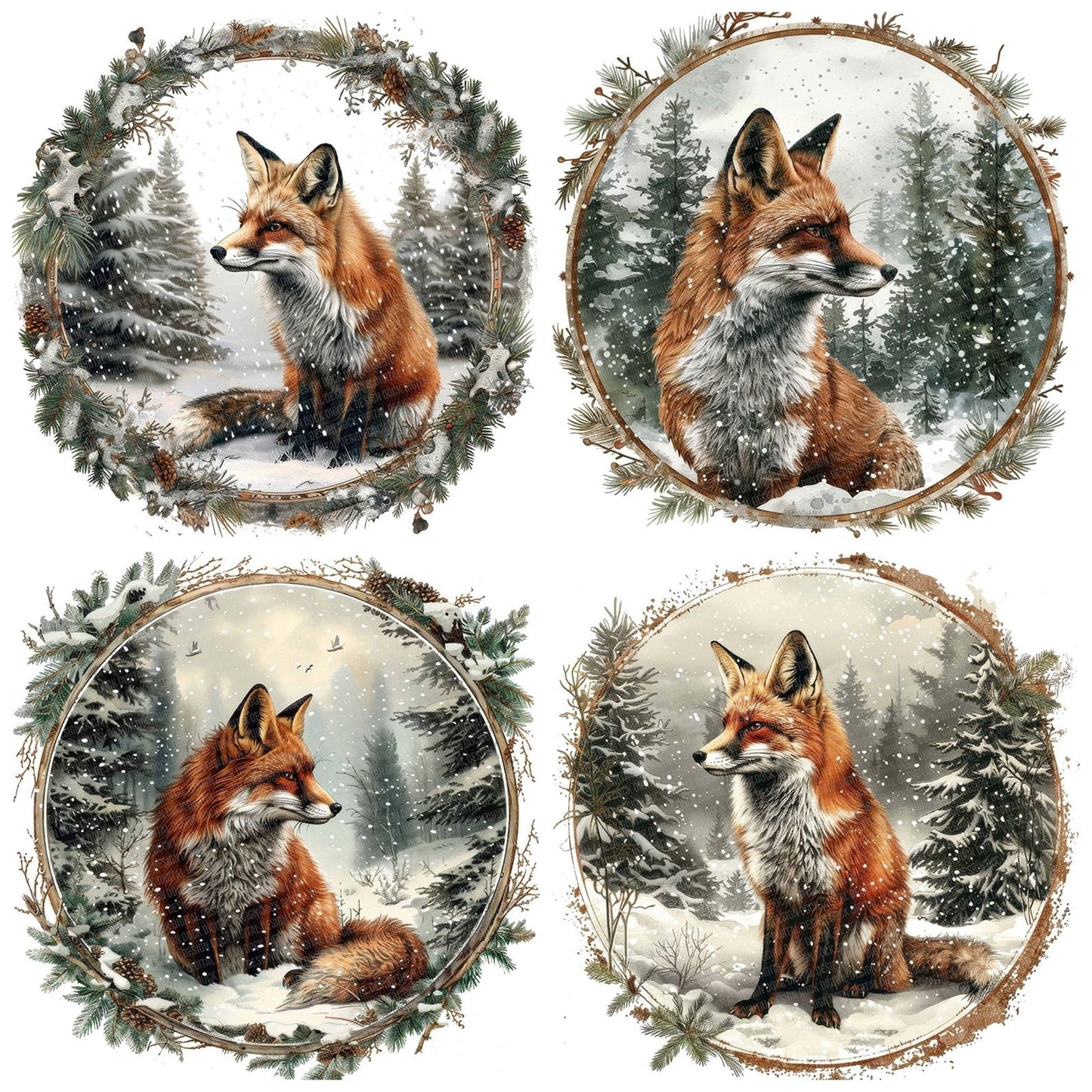 Vintage Snowy Fox Illustration Clipart Set (DDD006920)