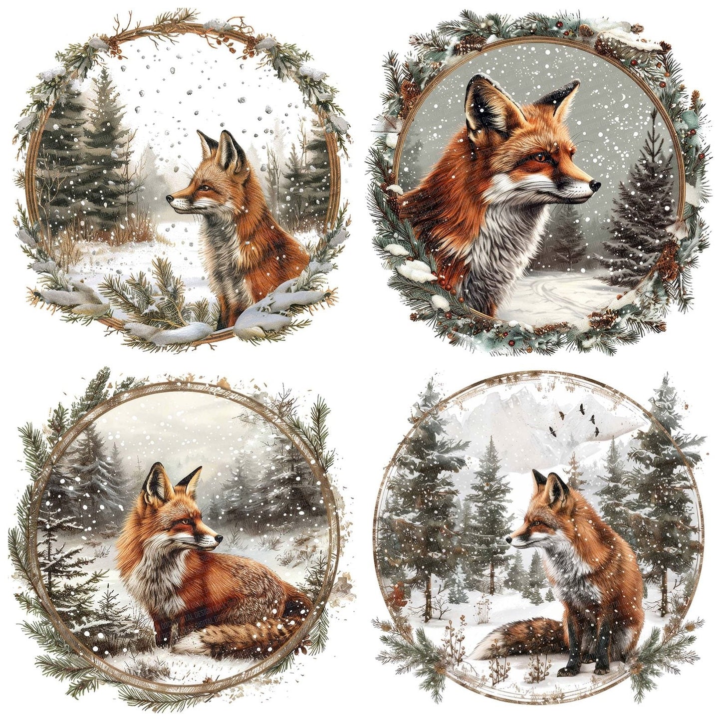 Vintage Snowy Fox Illustration Clipart Set (DDD006920)
