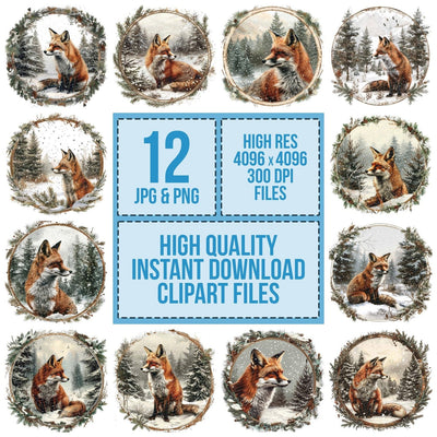 Vintage Snowy Fox Illustration Clipart Set (DDD006920)