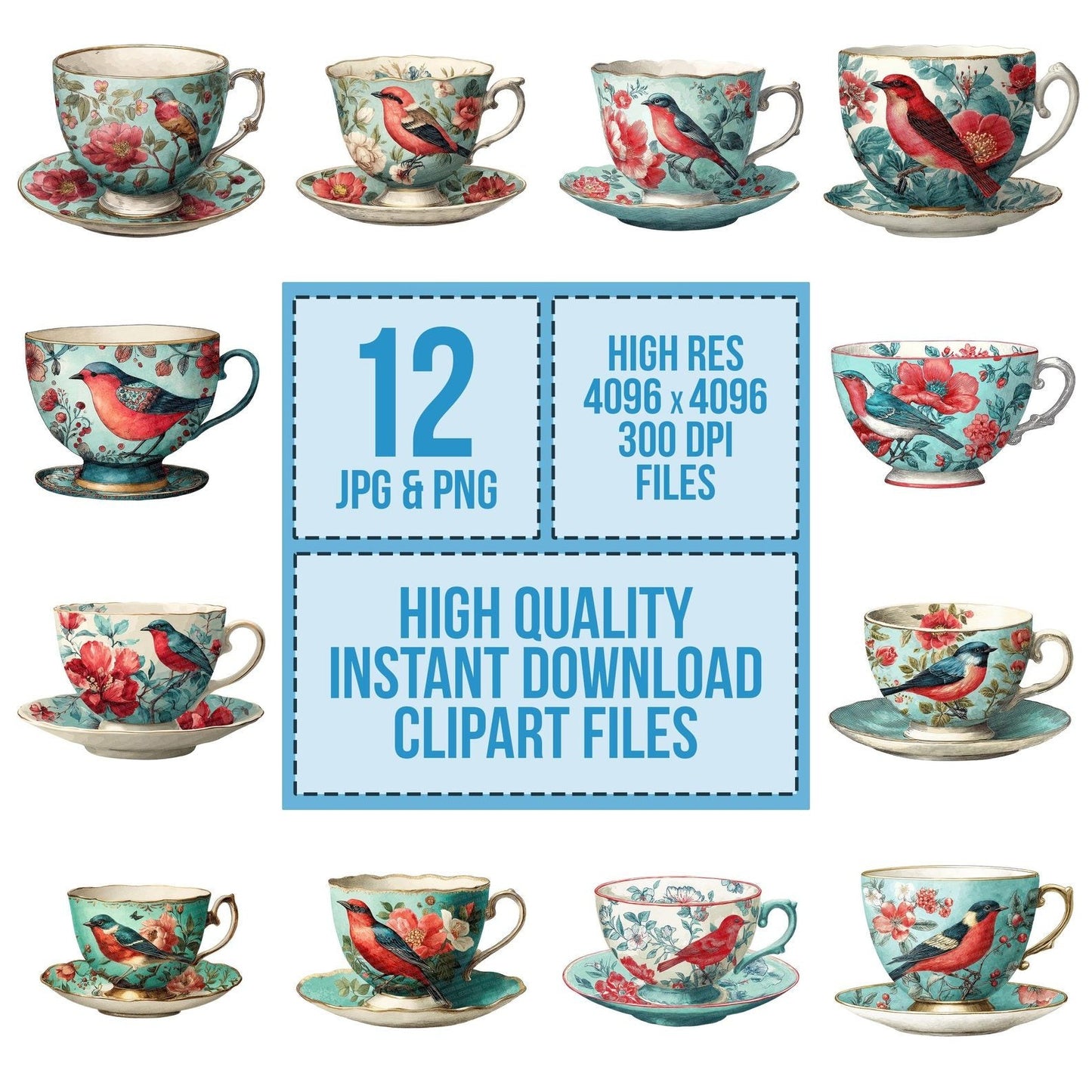 Vintage Teacup Bird Clipart Set (DDD006925)