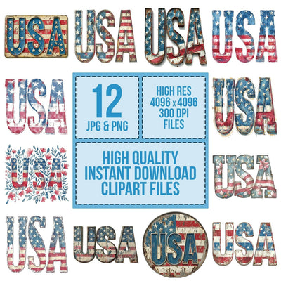 Vintage USA Flag Motif Letters clipart set cover showing the designs and file details
