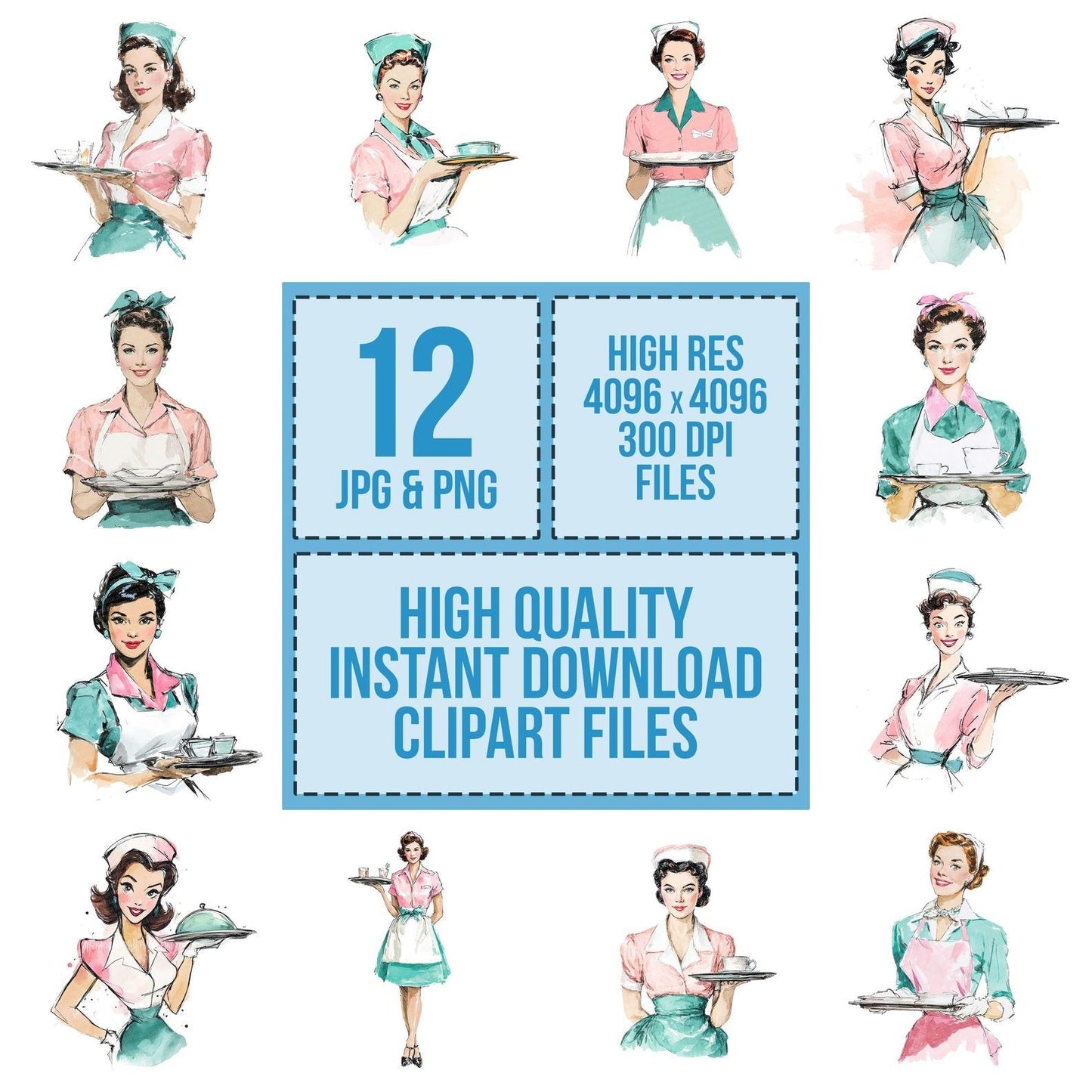 Vintage Waitress Portrait Clipart Set (DDD006939)