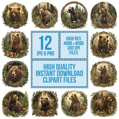 Vintage Woodland Bear Illustration Clipart Set (DDD006950)