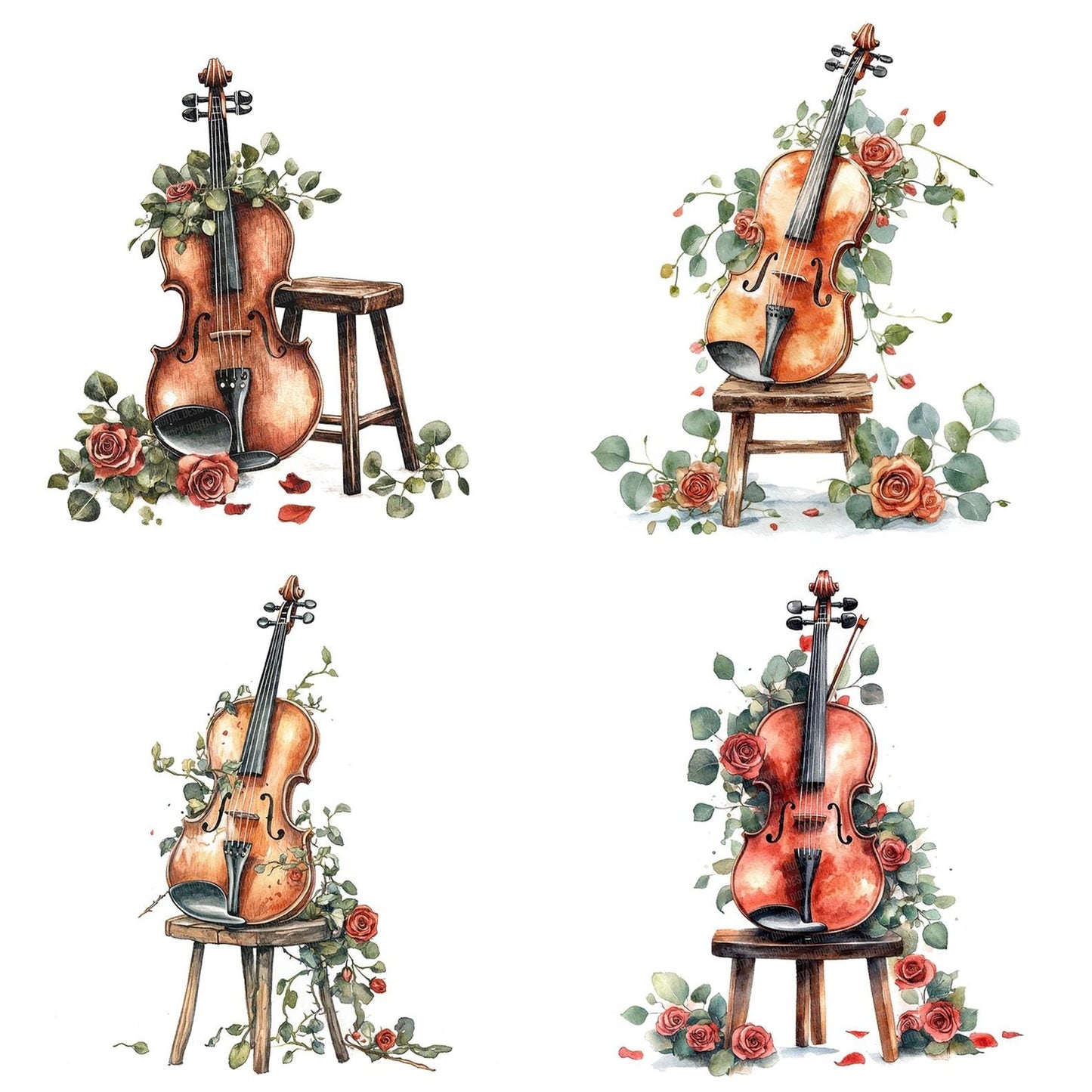 Violin with Wrapped Florals Clipart Set (DDD006954)