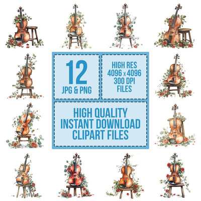 Violin with Wrapped Florals Clipart Set (DDD006954)