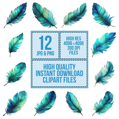 Watercolour Aqua Feather clipart set cover showing the designs and file details